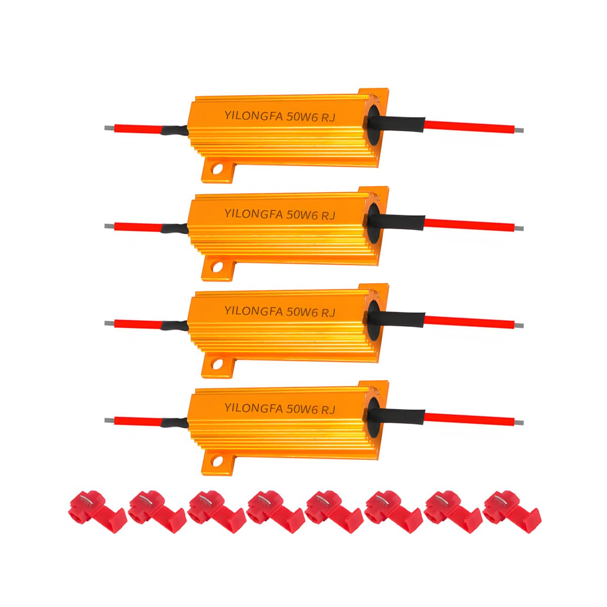 LKAHG 4PCS Car 50W 6ohm Load Resistors, Automotive Load Resistors with 8PCS Quick Wire Clips for Fix LED Bulb Fast Hyper Flash Error Code, Universal for Turn Signal Lights, Tail Lights (Golden)