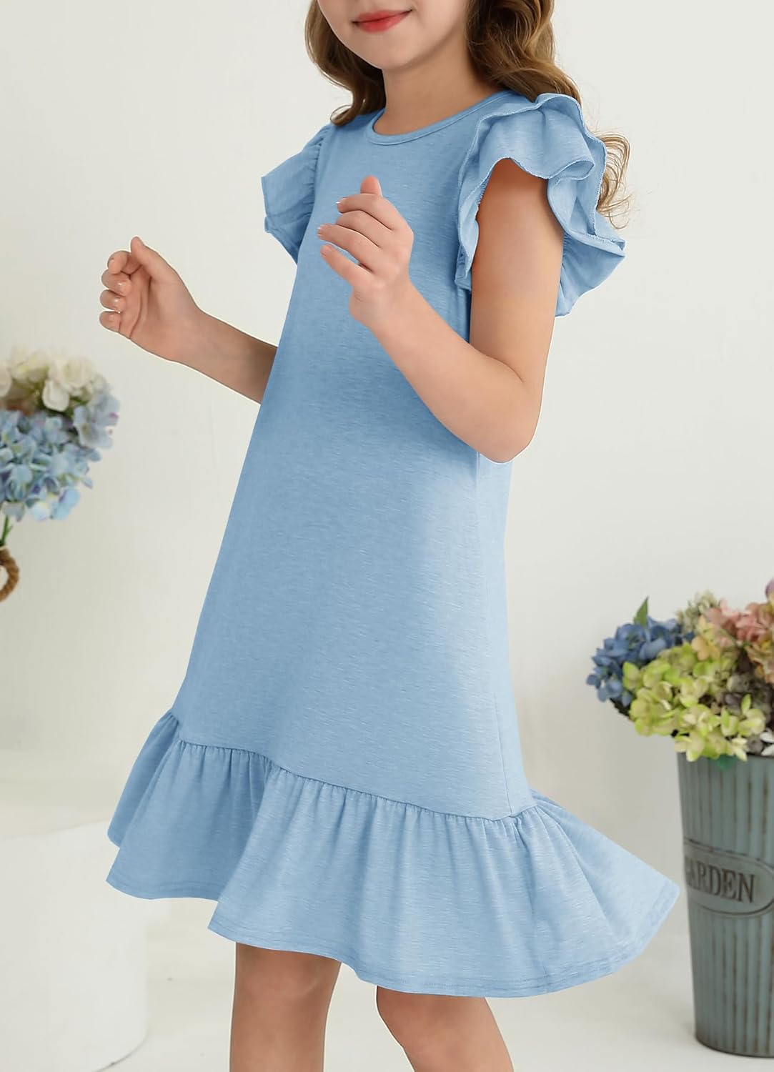 YOVION Girls Summer Dresses Boho Ruffle Sleeve Tiered Swing Casual Dress with Pockets for 6-12 Y - Image 4