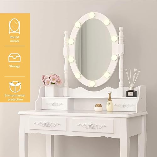 Miniatura 3 de Alohappy Juego de tocador de maquillaje para niñas, tocador con espejo iluminado y taburete, mesa de maquillaje con 4 cajones para dormitorio, baño