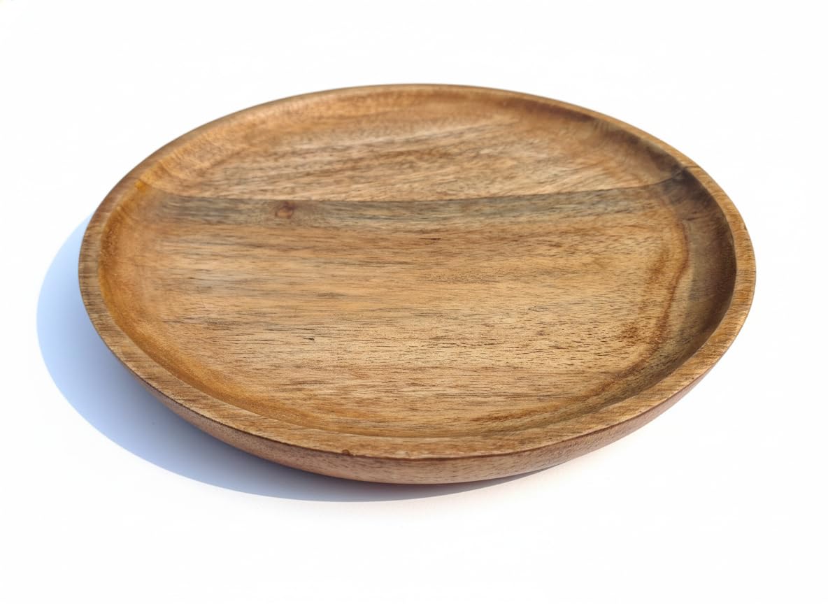 Round Mango Wood Serving Tray for Home Decor | 10 Inch Rustic Wooden Candle Holder Base for Kitchen, Dining Table & Coffee Table | Multipurpose Organizer Platter (Natural Brown, 1 Pc)