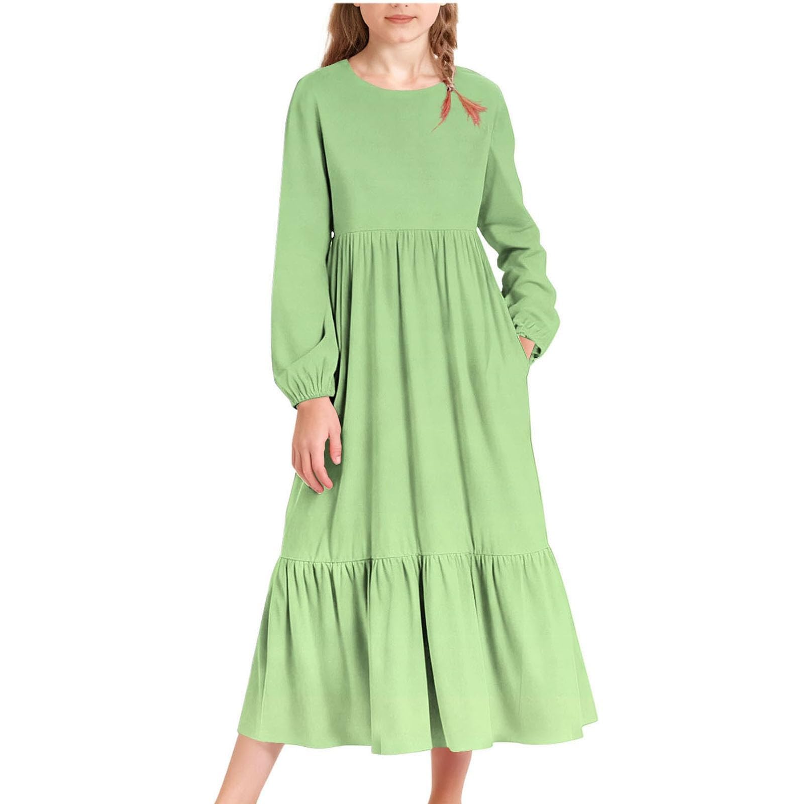 Vestito da ragazza a maniche lunghe casual da spiaggia per vacanze maxi abito per bambini primavera estate girocollo Boho Flowy A Line abiti con tasche