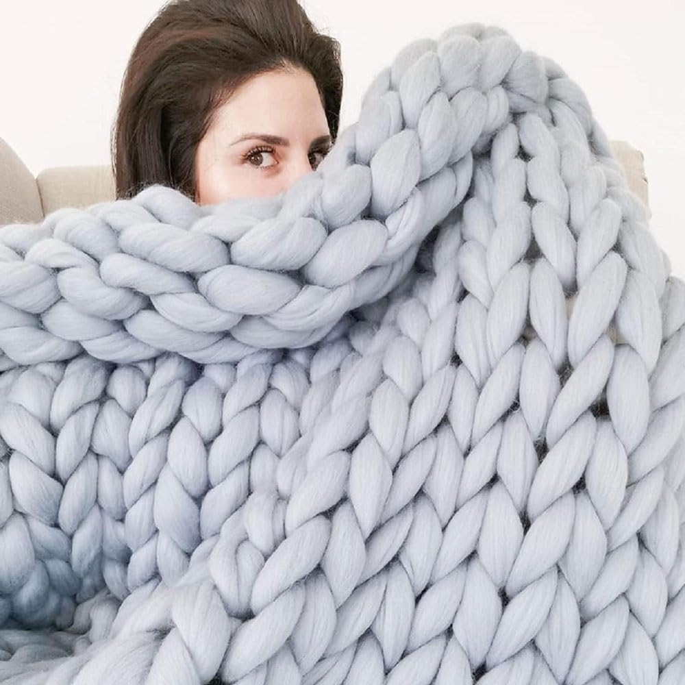 Large Chunky Knit Blanket Soft and Thick Giant Cable Hand Knit Throw Big Yarn Blanket Or Throw For Sofa Bed Chair Pet Mat, Various Sizes Available (Color : 6cm gray, Size : 80 * 100cm)