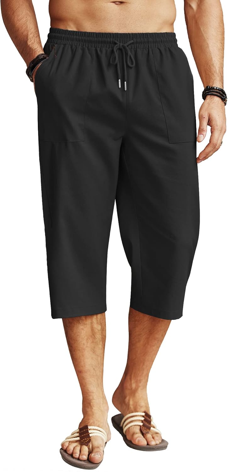 COOFANDY Men’s Linen Capri Pants Casual Lightweight 3/4 Baggy Pants Drawstring Elastic Waist Beach Yoga Pants with Pockets