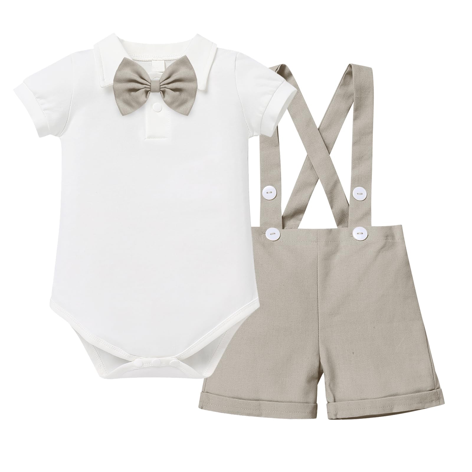 IBTOM CASTLE Baby Boys 3Pcs Christening Outfit Gentleman Bowtie Shirt Top Suspenders Strap Shorts Formal Kids Party Cake Smash Outfit 1st Birthday Clothing Sets Grey 18-24 Months