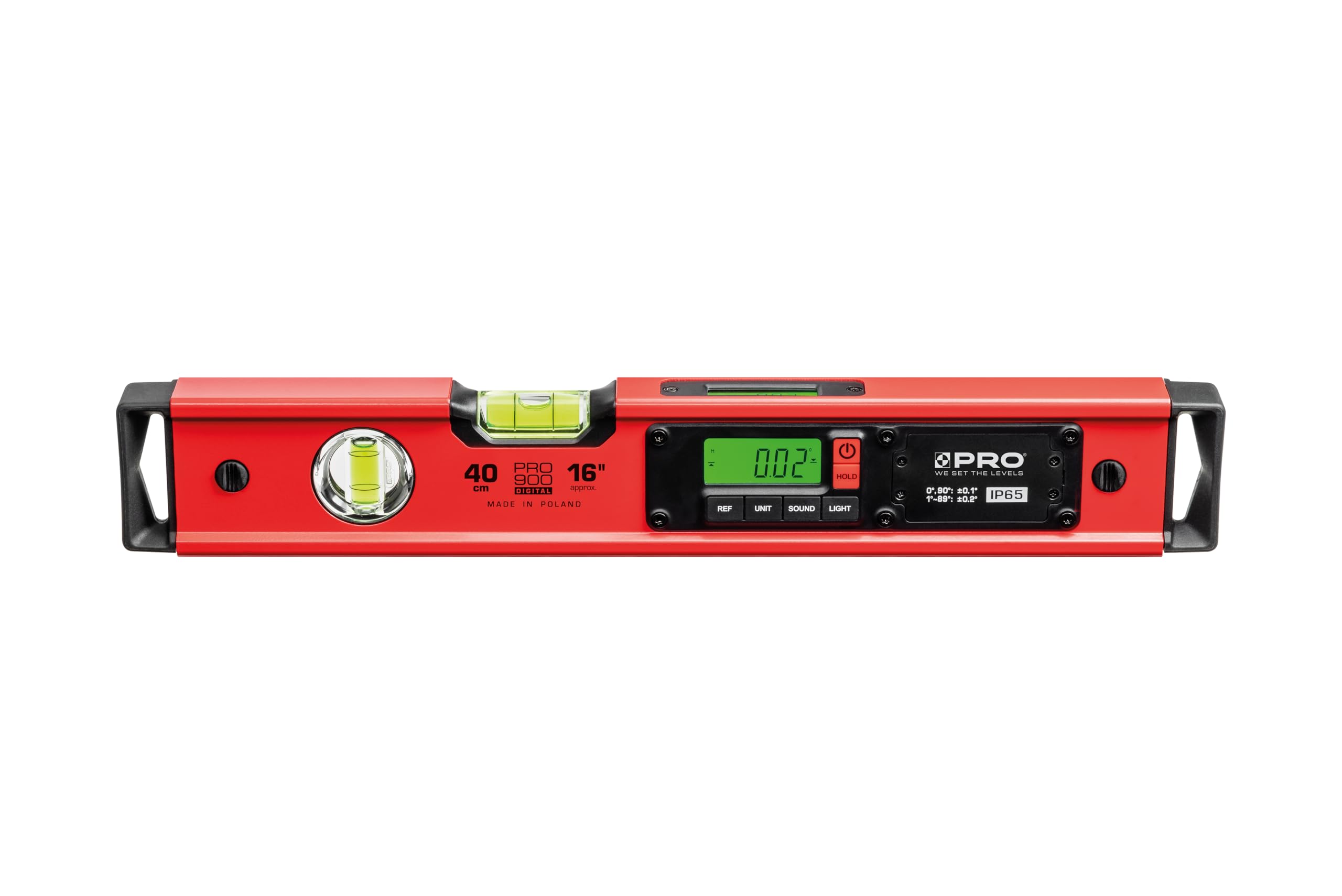PRO PRO900 Digitale Wasserwaage 40cm mit 2 LCD Displays - Elektronische Wasserwaage mit Messwertspeicher für bis zu 19 Ergebnisse Schutzart IP65 - Farbe Rot