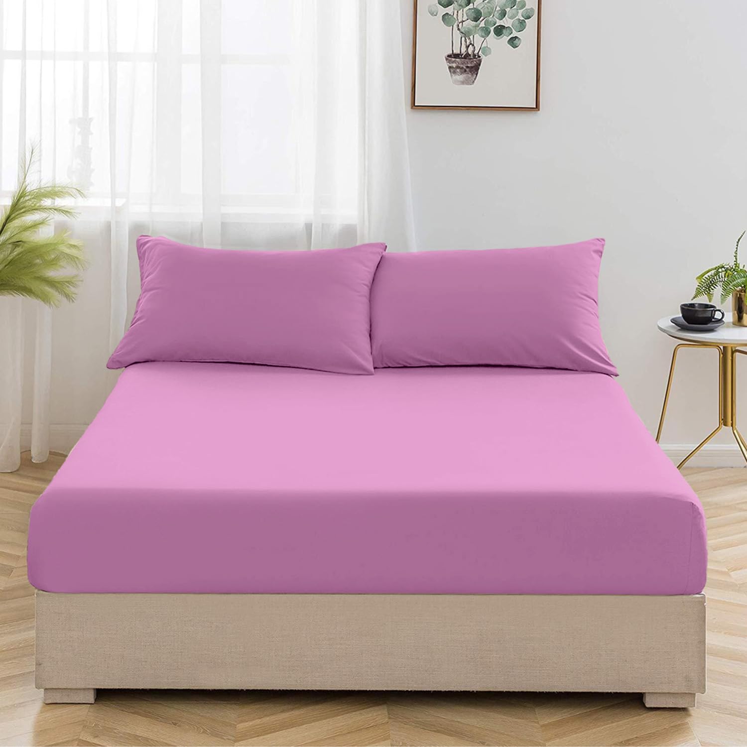 Oxford Homeware Purple Double Fitted Sheet -100% Brushed Microfibre 1800 Easy Care 25 cm D...