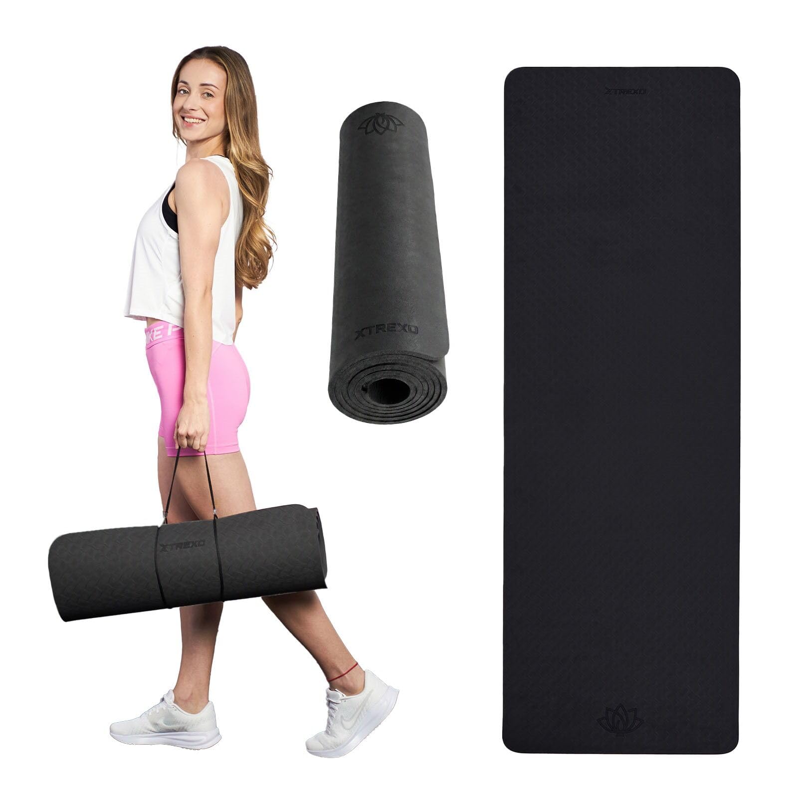 TREXO Mata do fitnessu w kolorze różowym, wymiary 183 x 61 cm i grubość 10 mm, wykonana z ekologicznej maty do ćwiczeń TPE z antypoślizgową powierzchnią, lekka mata gimnastyczna do treningu siłowego,
