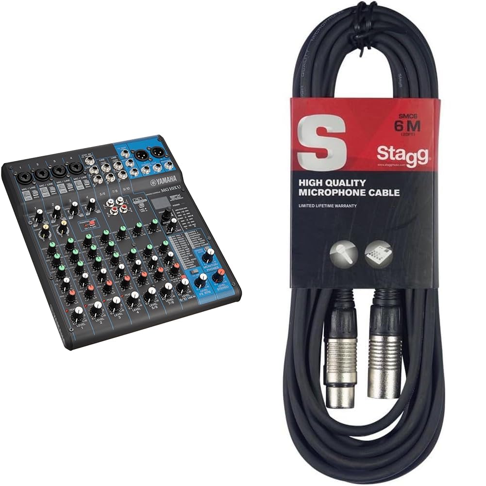 Yamaha MG10XU Mixer Audio - Console di Mixaggio Compatta con 10 Canali d'Ingresso e Preamplificatori Microfonici D-PRE & Stagg Cavo da microfono a mixer SMC6 da 6 metri XLR (m) -XLR (f), nero
