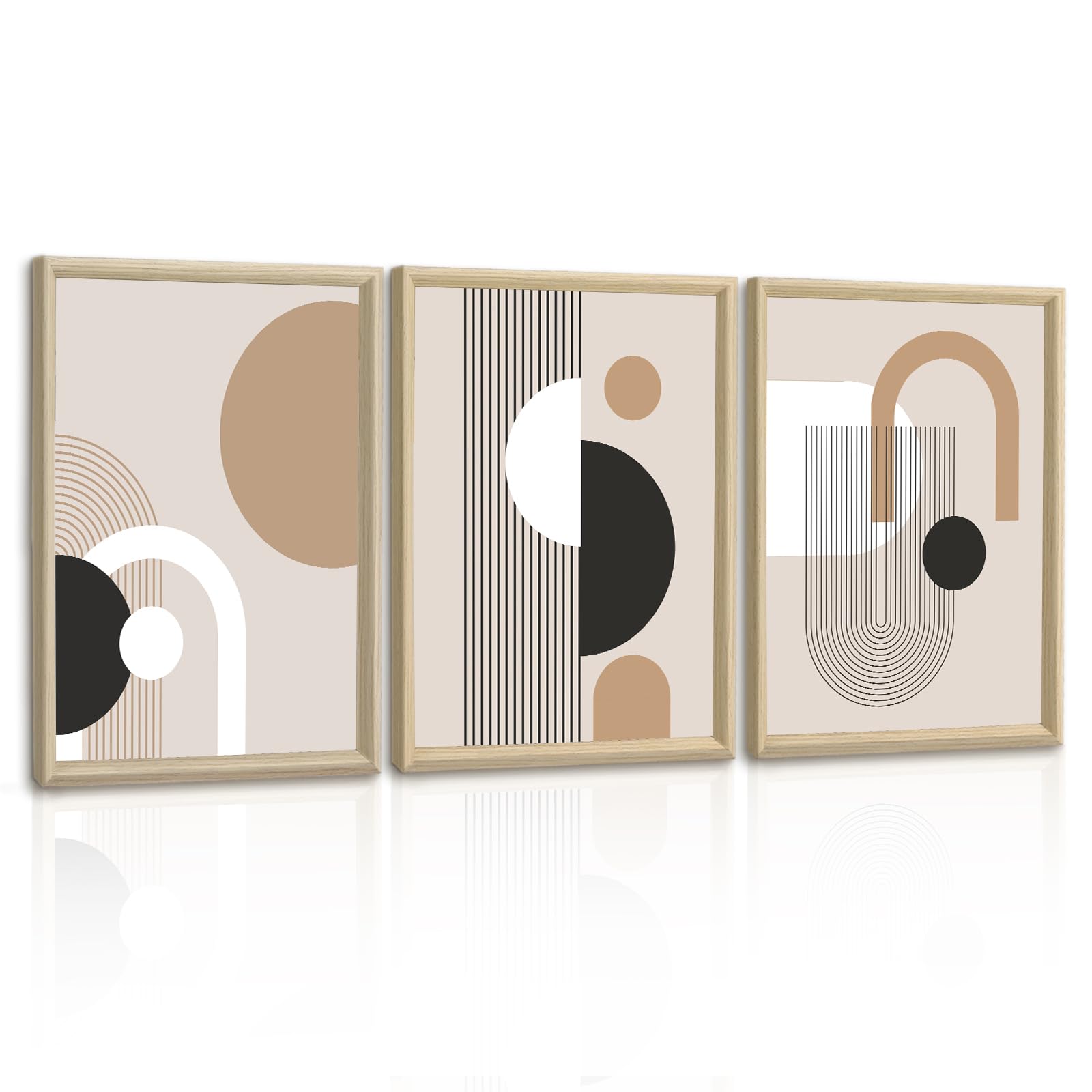 3Pcs Quadri Moderni Linee Geometriche di Metà Secolo Stampa Su Tela Con Cornice, Minimalista Nordico Stampe Da Parete Bianco Marrone Quadro Pittura Decorazioni per Soggiorno Camera da letto 40x60cmx3