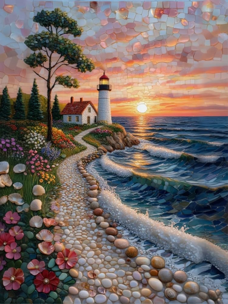 GLTEYACO Embroidery Cross Stitch Kit Seaside Lighthouse 11CT Stamped Cross Stitch Kits DIY Adult Beginners for Pre-Printed Needlepoint Crafts 40x50 cm
