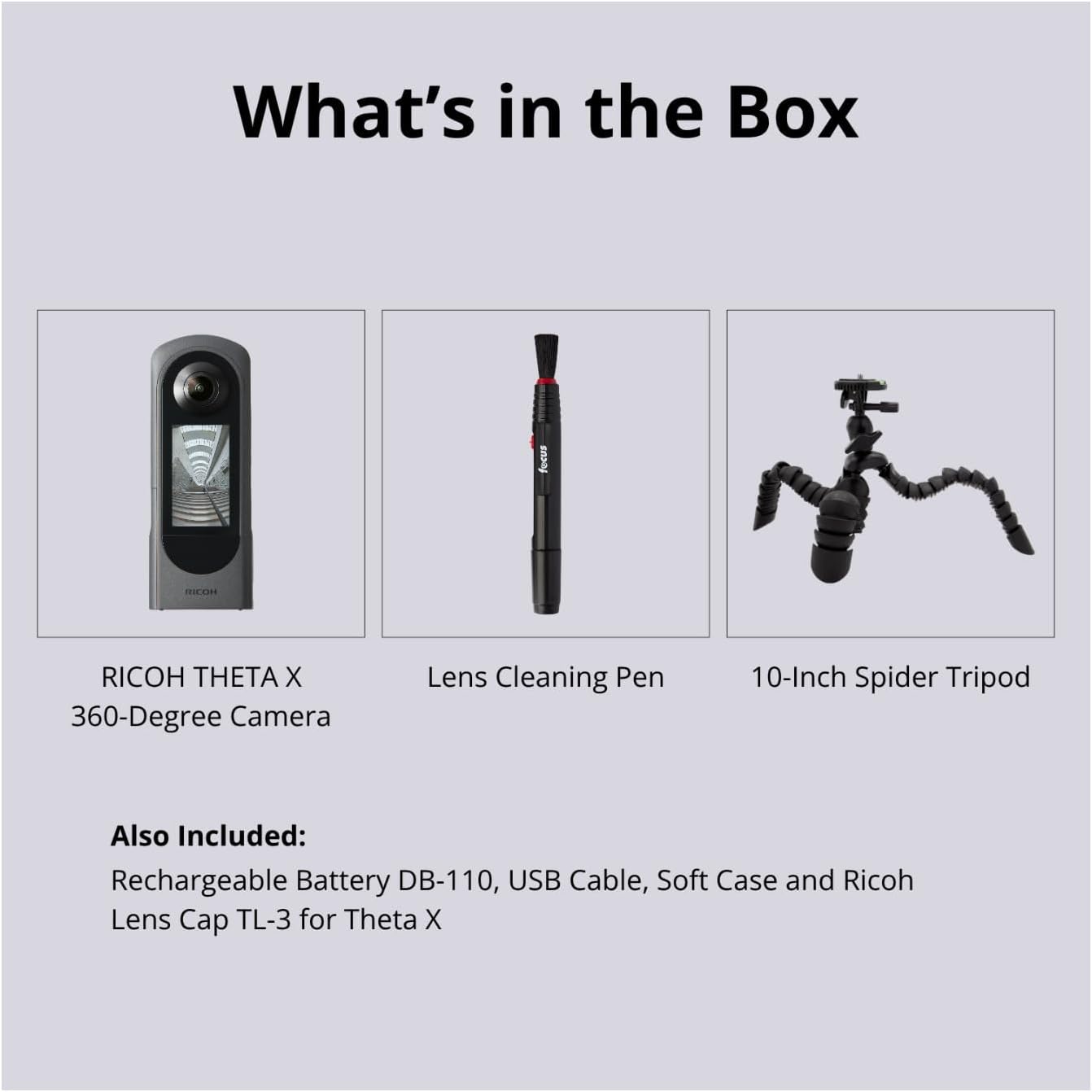 Ricoh Theta X 360-Degree Camera Bundle with Lens Cap, Cleaning Pen and 10-Inch Spider Tripod (4 Items)