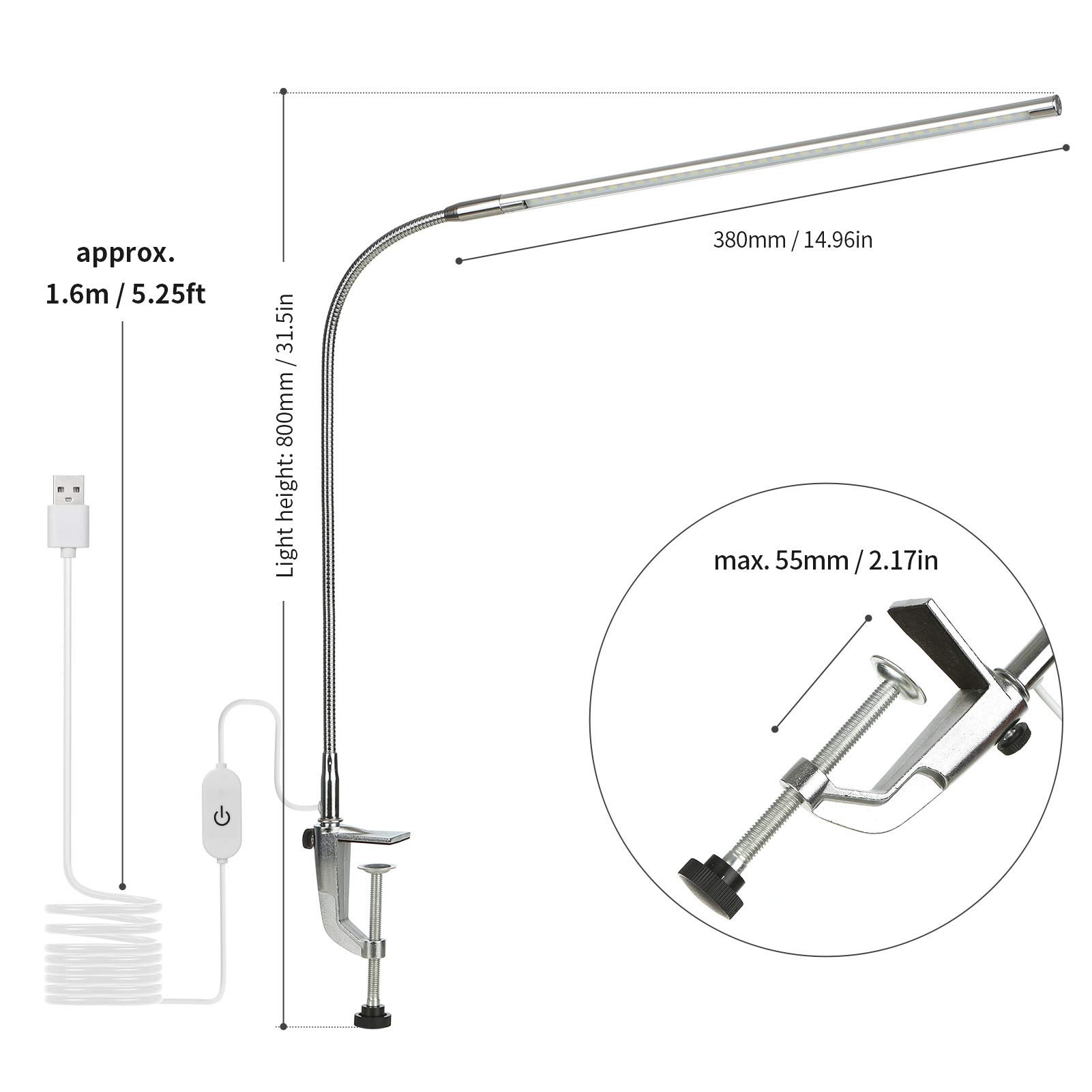 ADITAM USB Clip-on lampa biurkowa biała kontrola dotykowa możliwość przyciemniania diod LED lampka do czytania elastyczny kąt do zagłówka łóżka stół biurowy Double the comfort