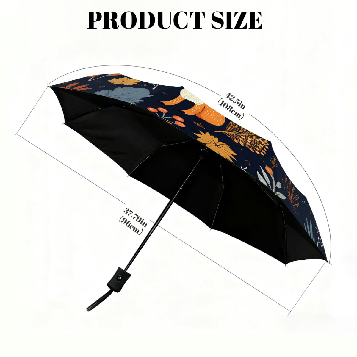 Art Forest Fox - Ombrello pieghevole da viaggio con foglie autunnali, compatto, antivento, impermeabile, con protezione UV, rivestimento nero, leggero, 8 costine, portatile, per pioggia e sole