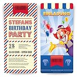 Papier: 300g/qm Einladungskarten zum Geburtstag (10 Stück) als Zirkus Ticket Eintrittskarte Clown Jahrmarkt