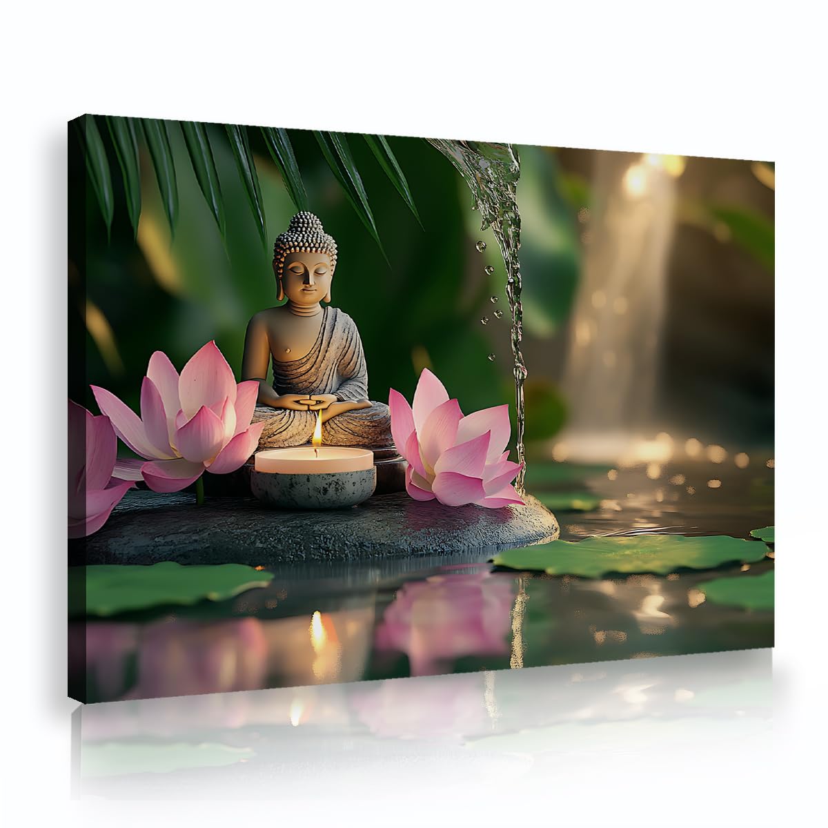 Via Vela Buddha Spa Bathroom Framed Canvas Art, Lotus Flower Waterfall Nature Picture Wall Decor, Candle Landscape Painting, Zen Poster Prints Artwork 70x105cm