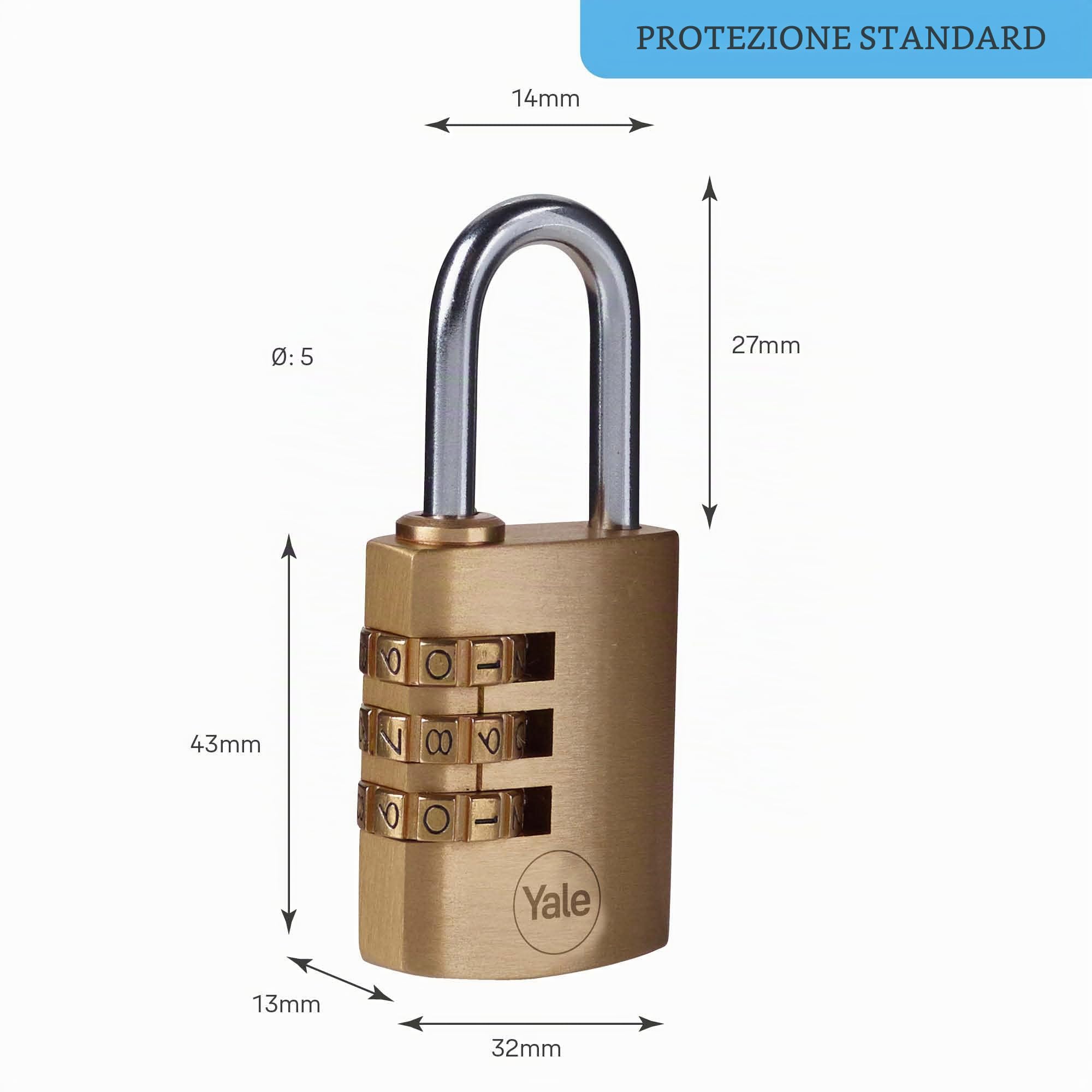 Yale Lucchetto in ottone a combinazione Y150B/30/125/1 corpo 30mm, arco in acciaio, combinazione a 3 cifre