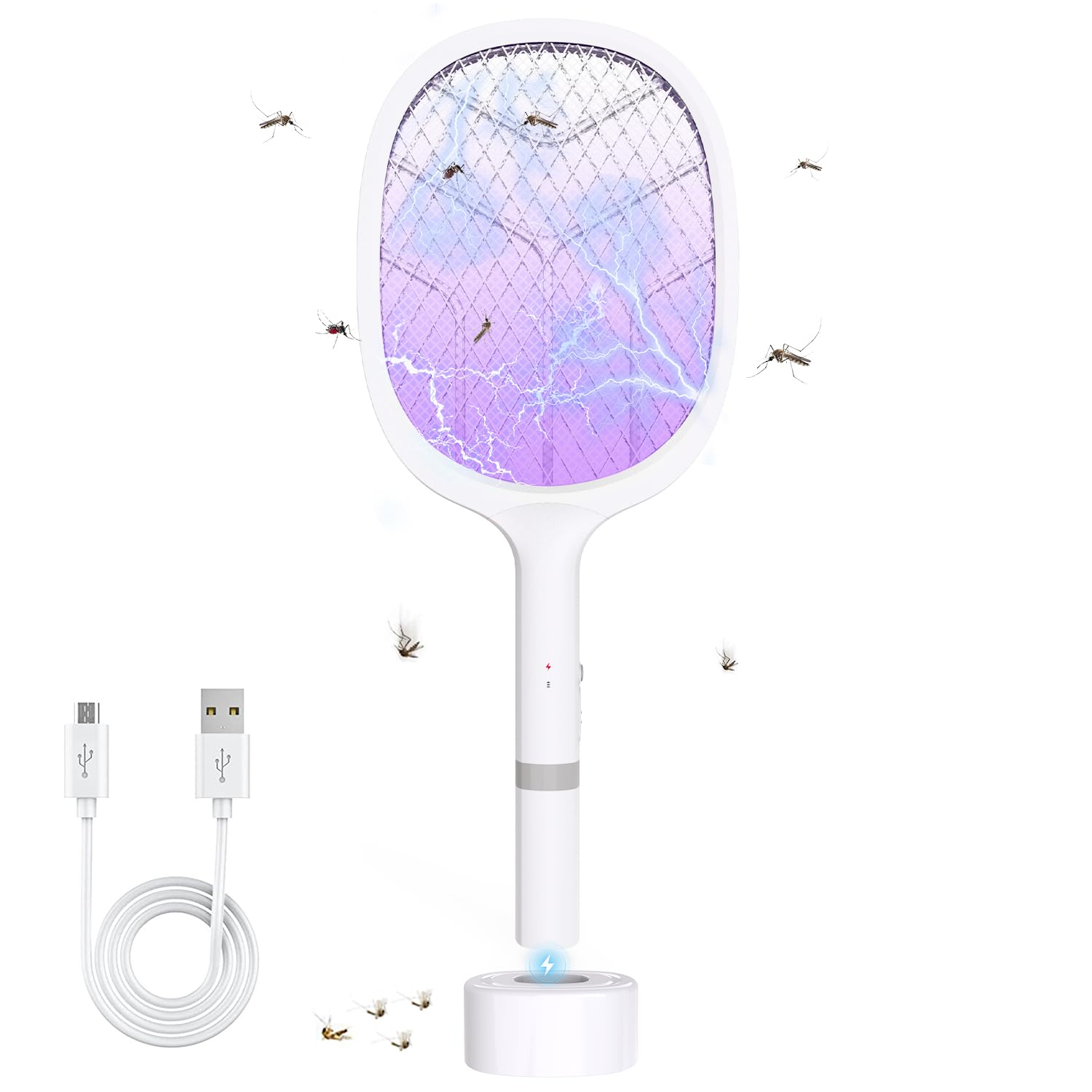 Raquette Electrique Insectes 4800V Tapette Moustique avec Piège Lumière UV Rechargeable USB 2000mAh Blanc