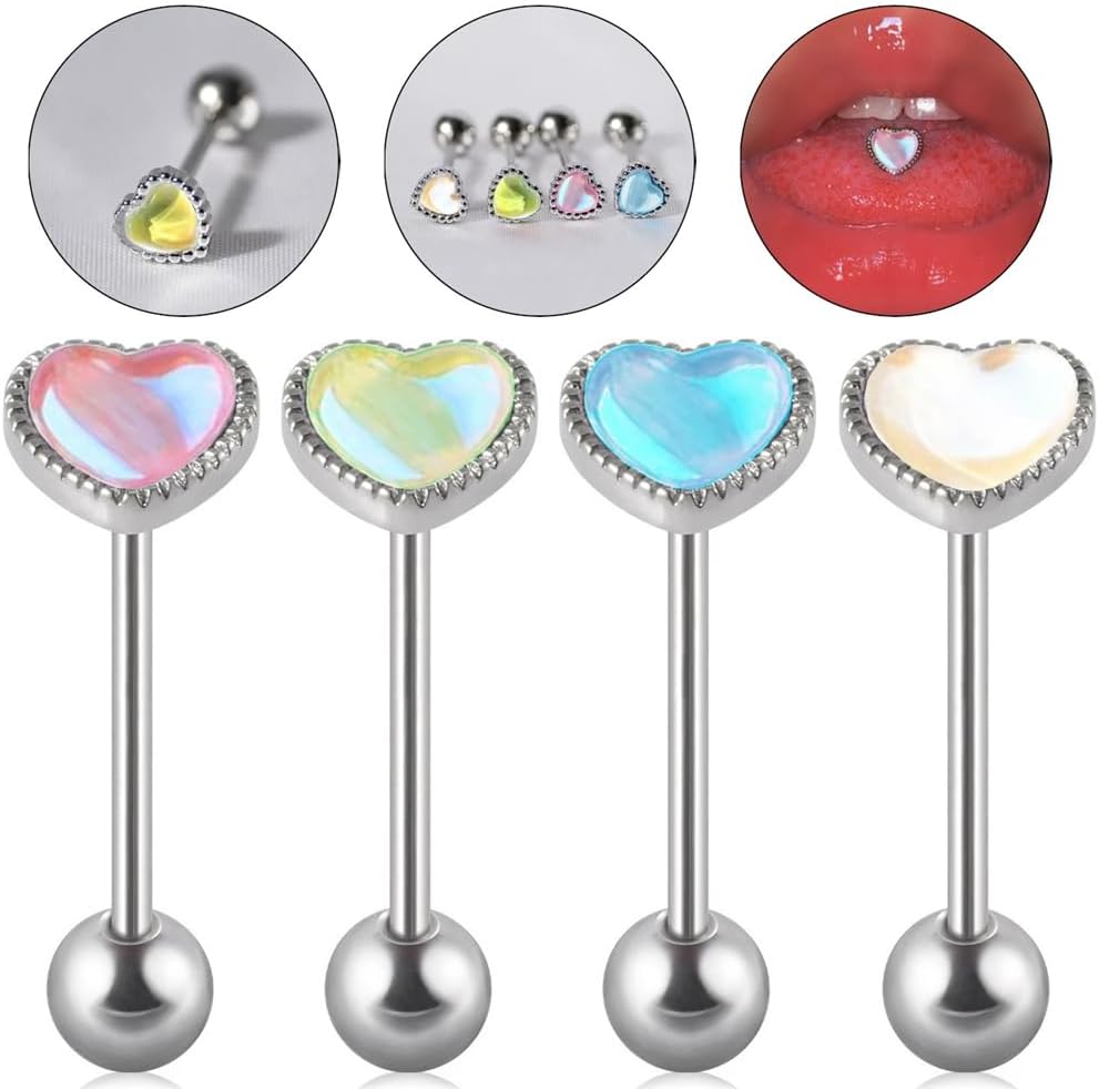 14G Aurora Heart Tongue Rings for Women Surgical Stainless Steel Tongue Piercing Jewelry 16mm Straight Barbell Cartilage Helix Studs Earrings Hypoallergenic Body Piercings - Image 2