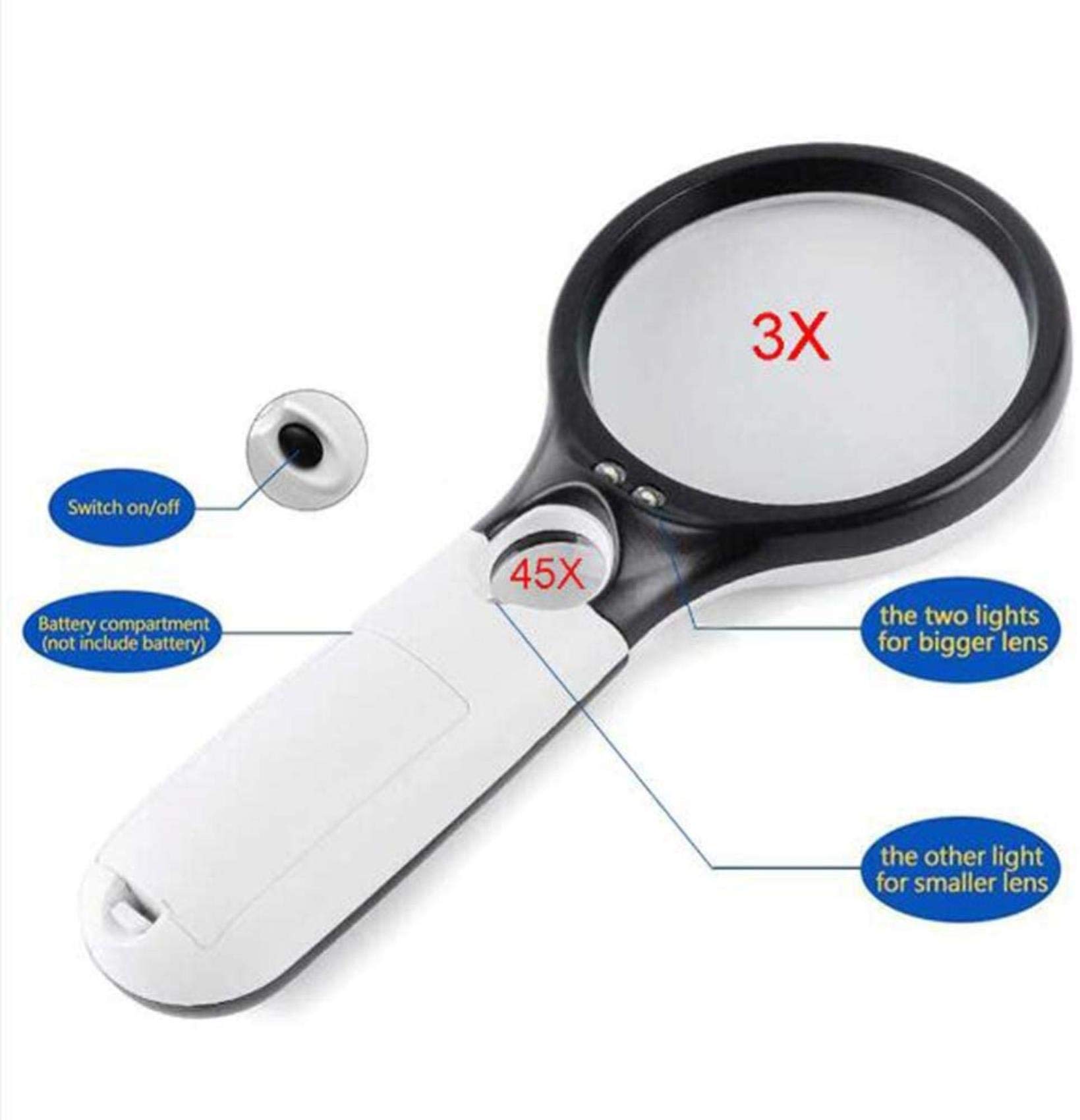 MRKU Lupa de Mano con luz LED, Gran Aumento de 3X a 45X, la Mejor Lupa con luz para Personas Mayores, Lectura, Pasatiempos, reparación y joyería. Lupa A/A