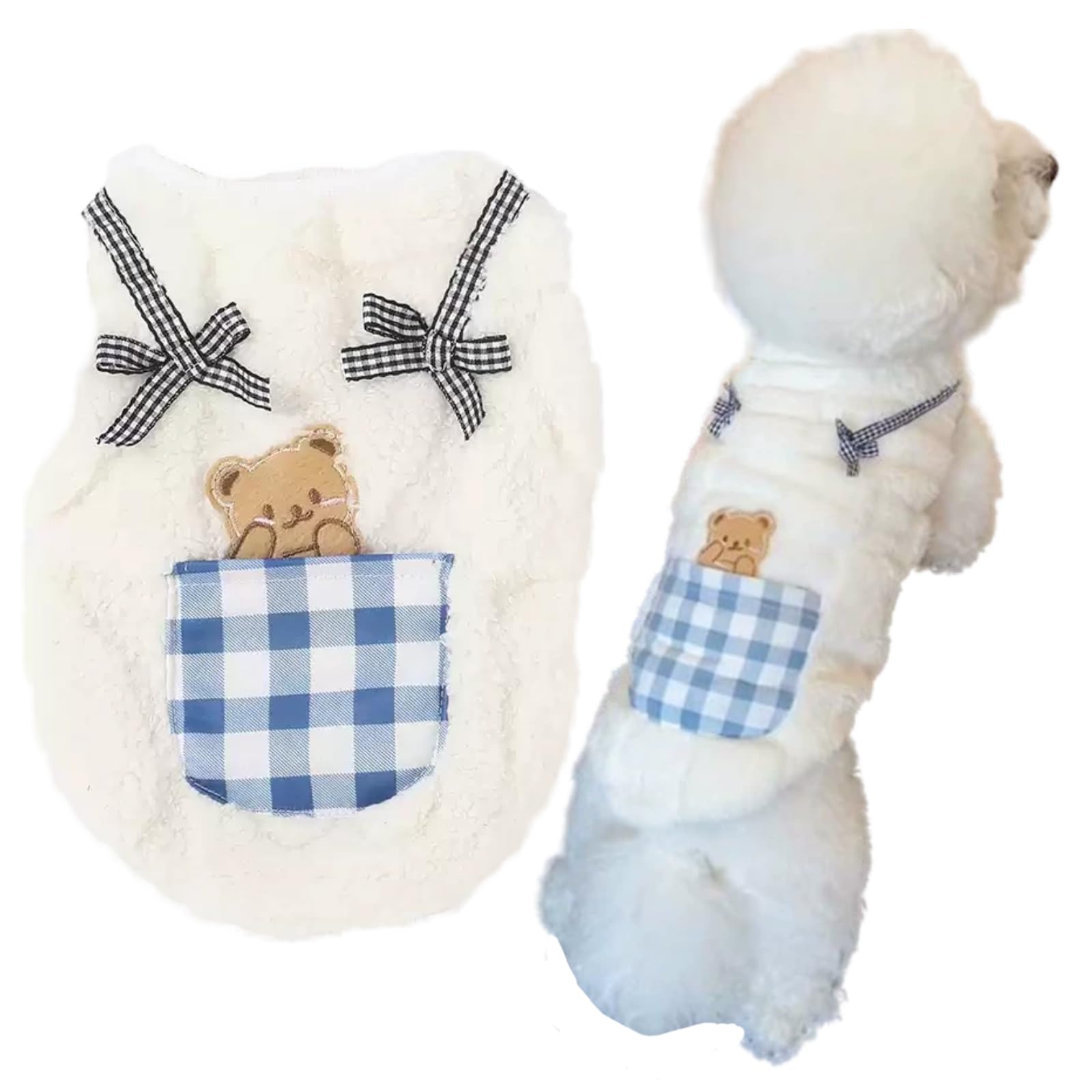 Cute Cat Apparel with Bow and Plaid Pocket Plush Dog Pullover Sweater Warm Soft Kitten Turtleneck for Indoor Cats and Small Medium Dogs (L (6.6-10lbs))