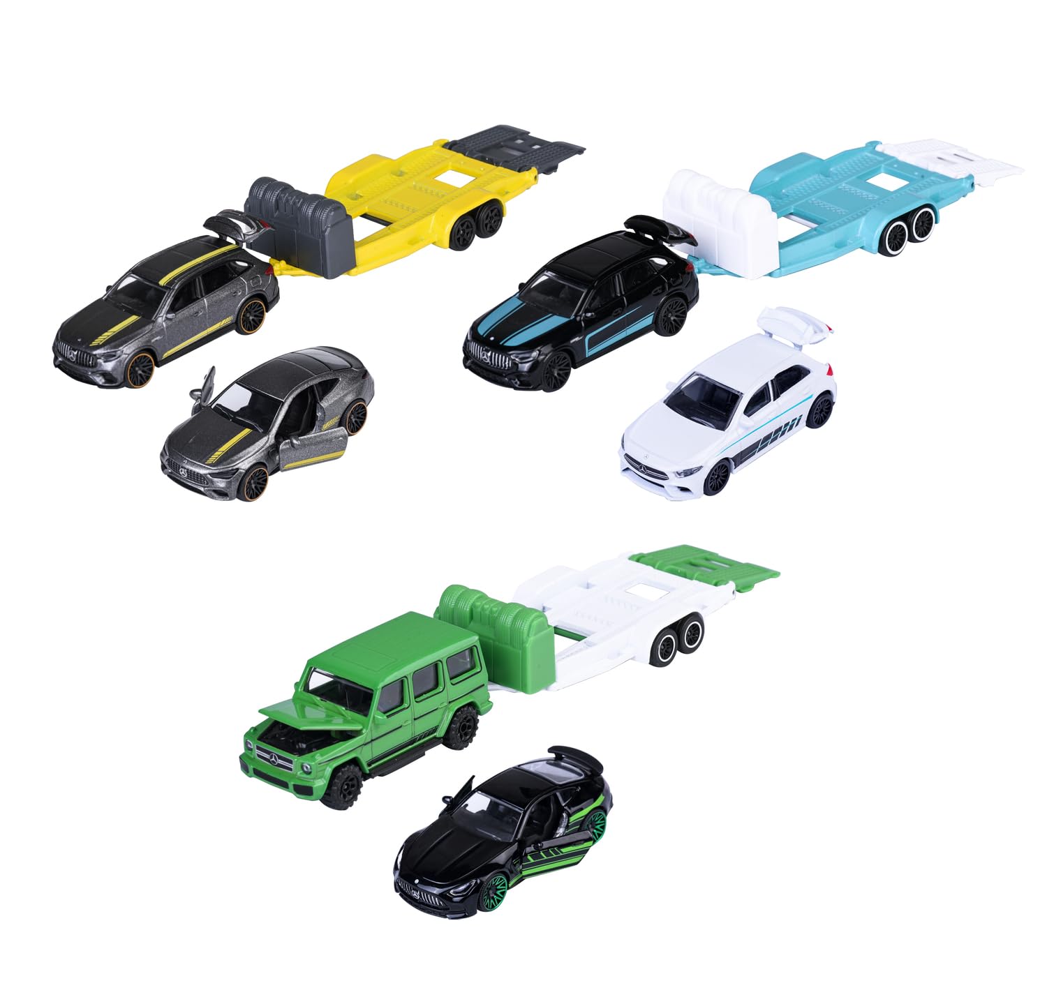 Majorette Autos Mercedes-AMG Deluxe Trailer (Set of 3 Model Cars) - 2 Metal Toy Cars with Freewheel and 1 Trailer, Random Selection of 3 Car Sets for Children from 3 Years, 19 cm