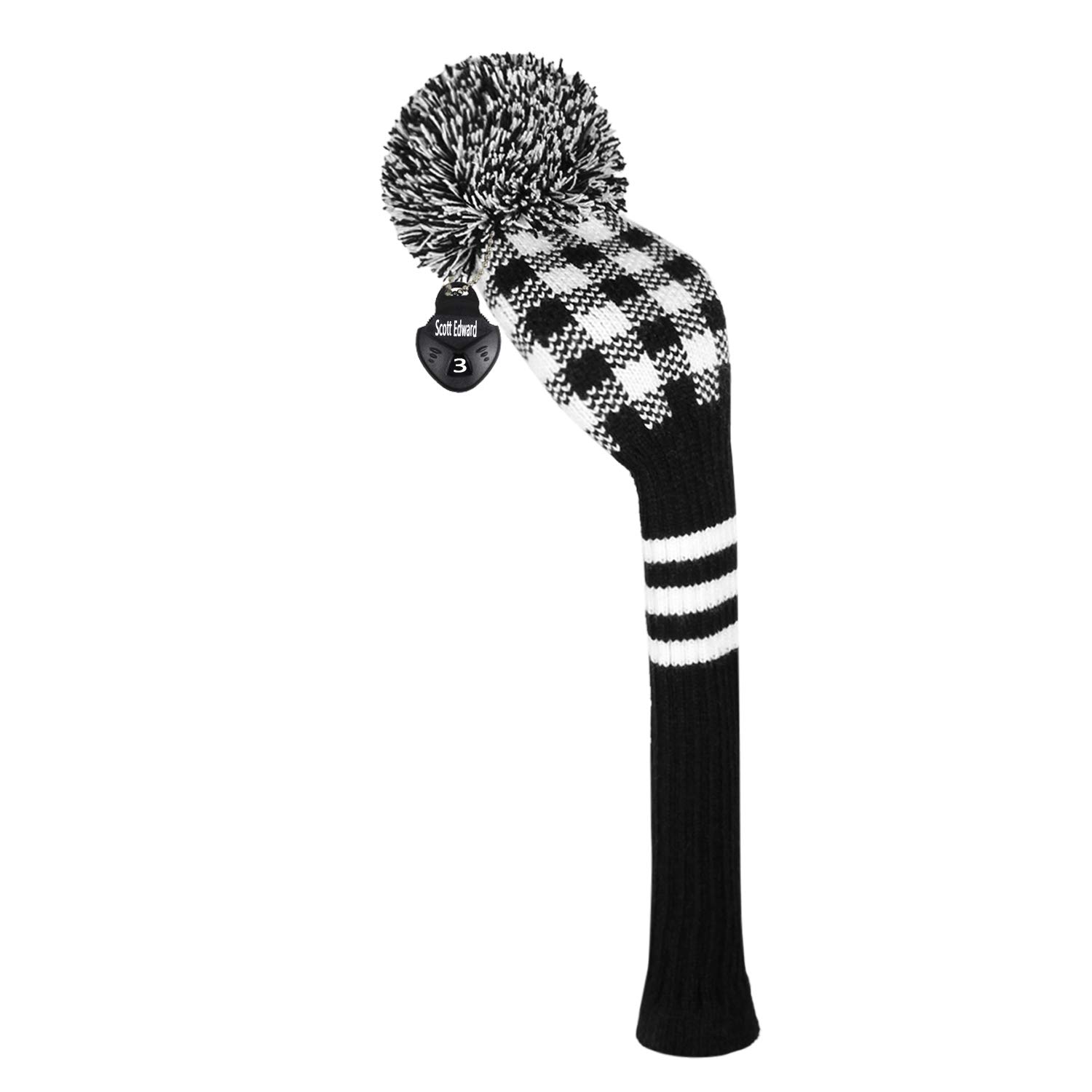 Scott Edward 1 Piece Knitted Golf Head Cover for Wood,Driver Wood(460cc) Fairway Wood/Hybrid,Soft, Washable, Anti-Pilling, Anti-Wrinkle, Long Neck (Black White Gingham, Fairway) — image 1