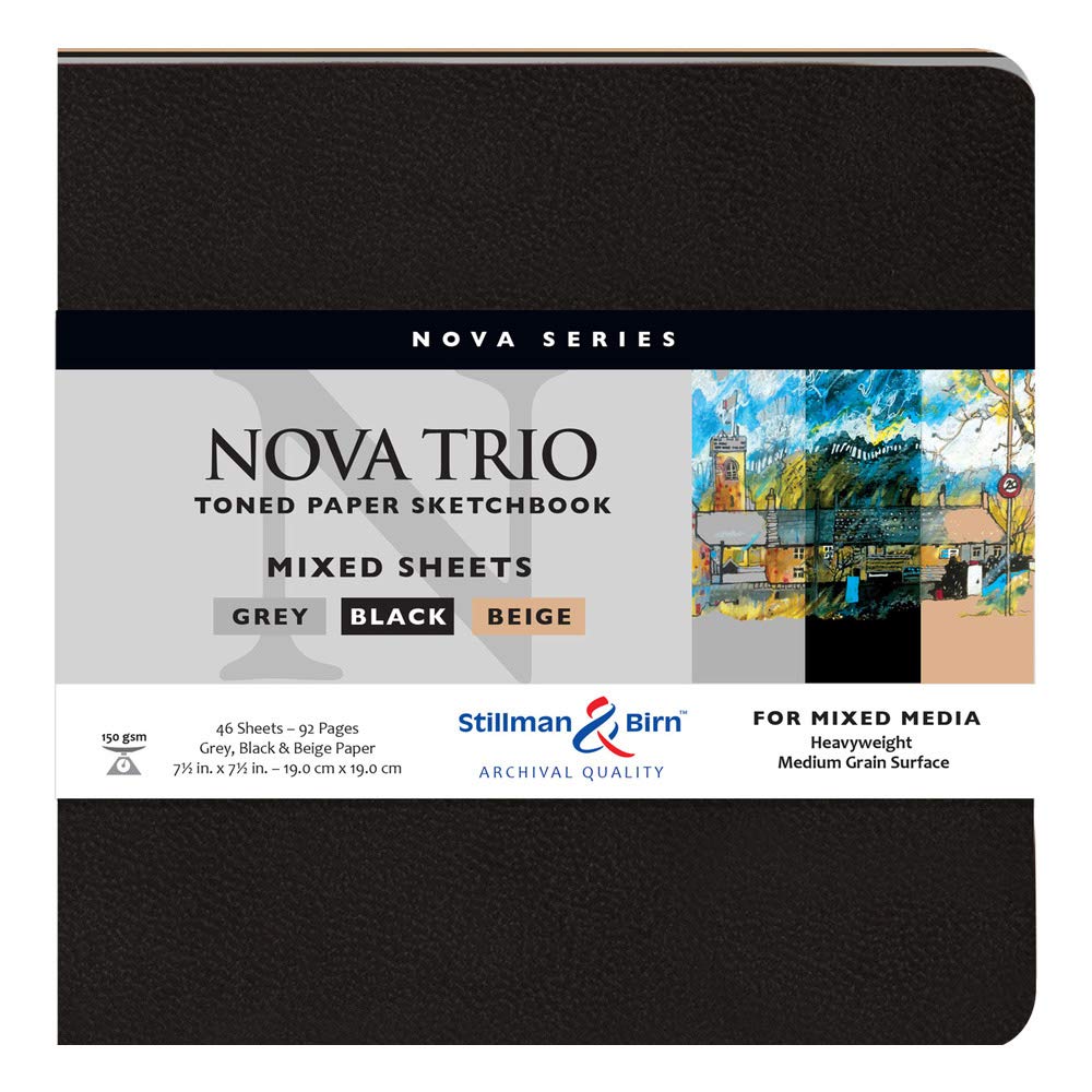 Stillman & Birn Nova Trio Softcover Sketchbook for Mixed Media, 46 Sheets of Heavyweight Paper- Beige, Black and Gray Paper, Medium Grain Surface, 7.5 x 7.5 inches (399750S)