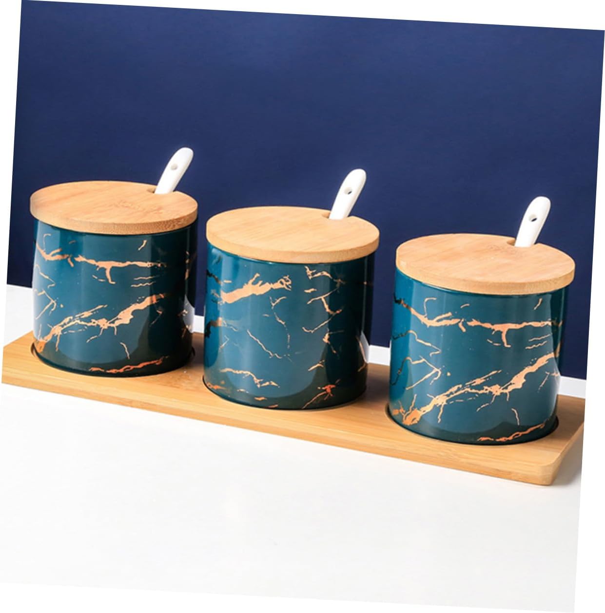 Ceramic Spice Container Set with Lids and Spoons, Emerald Marble Pattern, 3pcs Kitchen Seasoning Jars for Salt, Pepper, Sugar Storage and Kitchen Organizer
