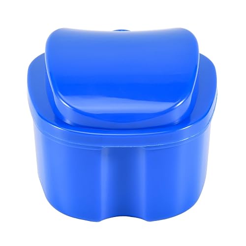 Caja de dentadura azul oscuro, taza de dentadura con colador, caja de baño de dentadura postiza, caja de almacenamiento de dientes falsos con cesta
