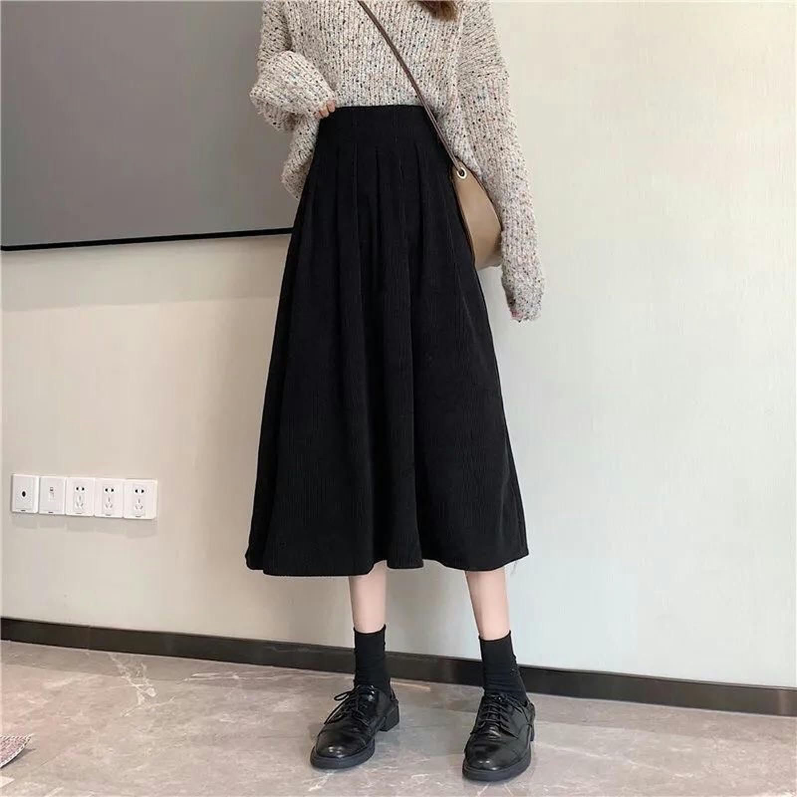 Rock Cordrock Frühling Herbst Winter Petite Mode Rock Frauen Hohe Taille A-line-Rock-schwarz-l