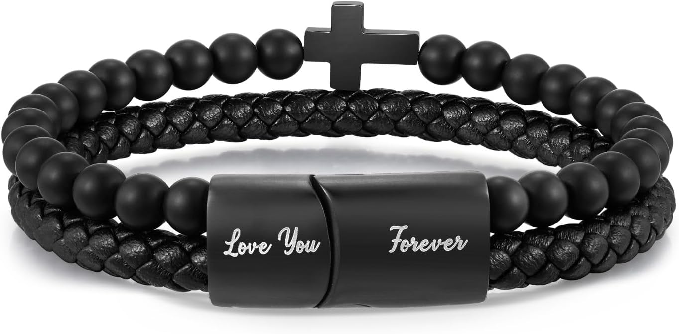 Men's Cross Bracelet for Men - Bible Verse Bead Rosary Braided Black Genuine Leather Bracelets, Bangle Engraved Love You Forever, Christian Catholic Religious Jewelry Christmas Gifts Ideas for Man