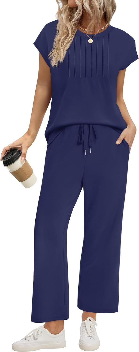 Sampeel Two Piece Sets for Women Summer Vacation Outfits Cap Sleeve Tops Lounge Matching Sets Women Clothing
