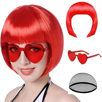 FREE BEAUTY Red Bob Wig with Heart Sunglasses and Hair Cap for Women-Straight Synthetic Hair With Classic Flat Bangs for Women Natural Looking Bachelorette Halloween Party Christmas Wigs
