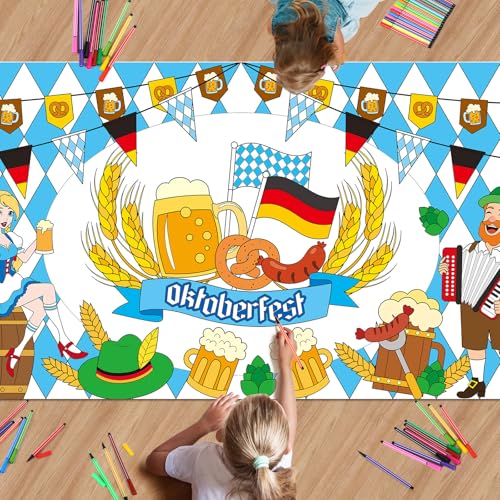 AUGSUN Oktoberfest Coloring Poster with 18 Pcs Paint Pens, Bavarian German Party Games Giant Poster Octoberfest Blue White Diamonds Checkered Beer Tablecloth for Party Decorations Supplies, 72 x 30 In