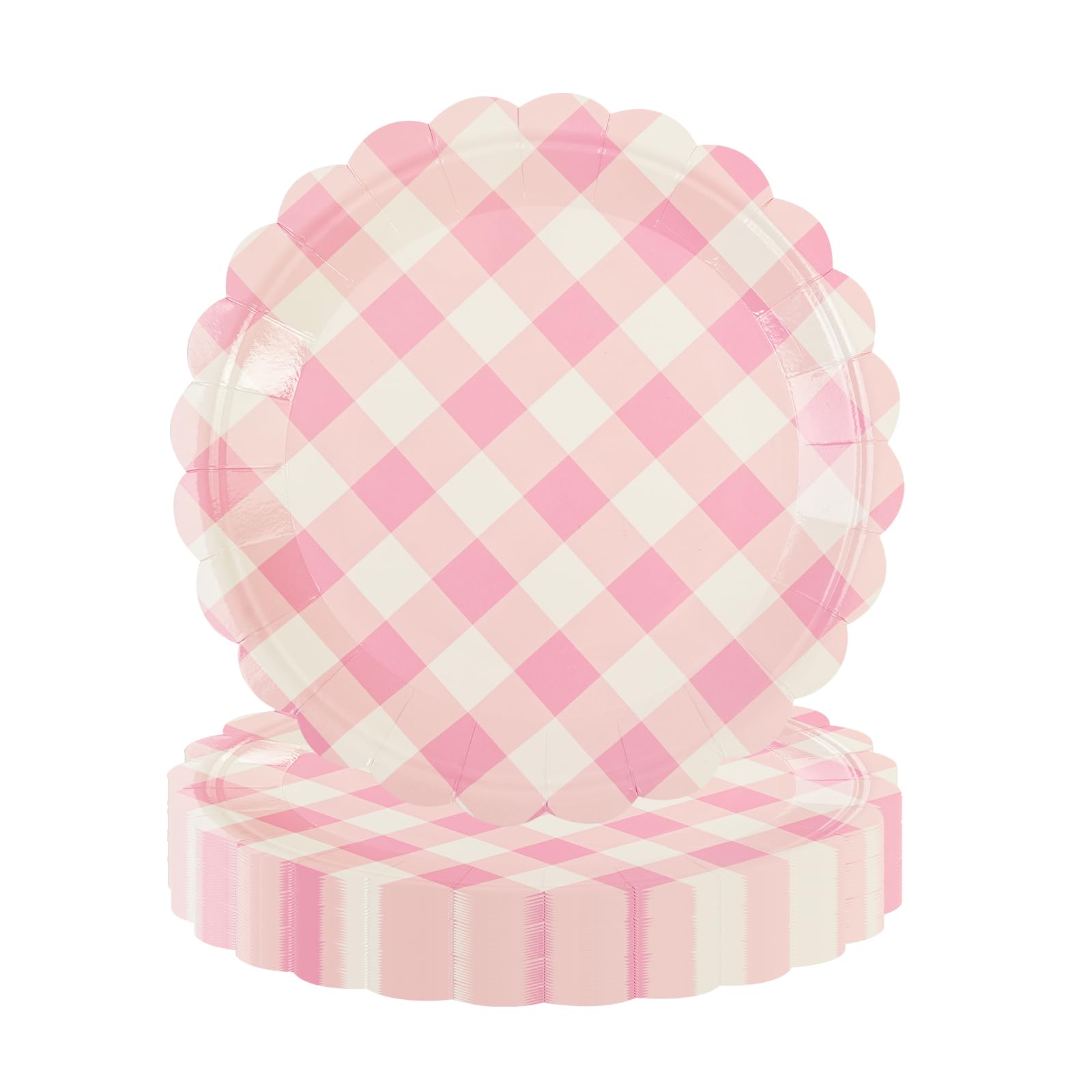 PUEVENYI 50PCS Light Pink Scalloped Paper Plates - 7Inch Striped Dessert Plates for Cake Salad Fruit Disposable Decorative Dinner Dessert Serving