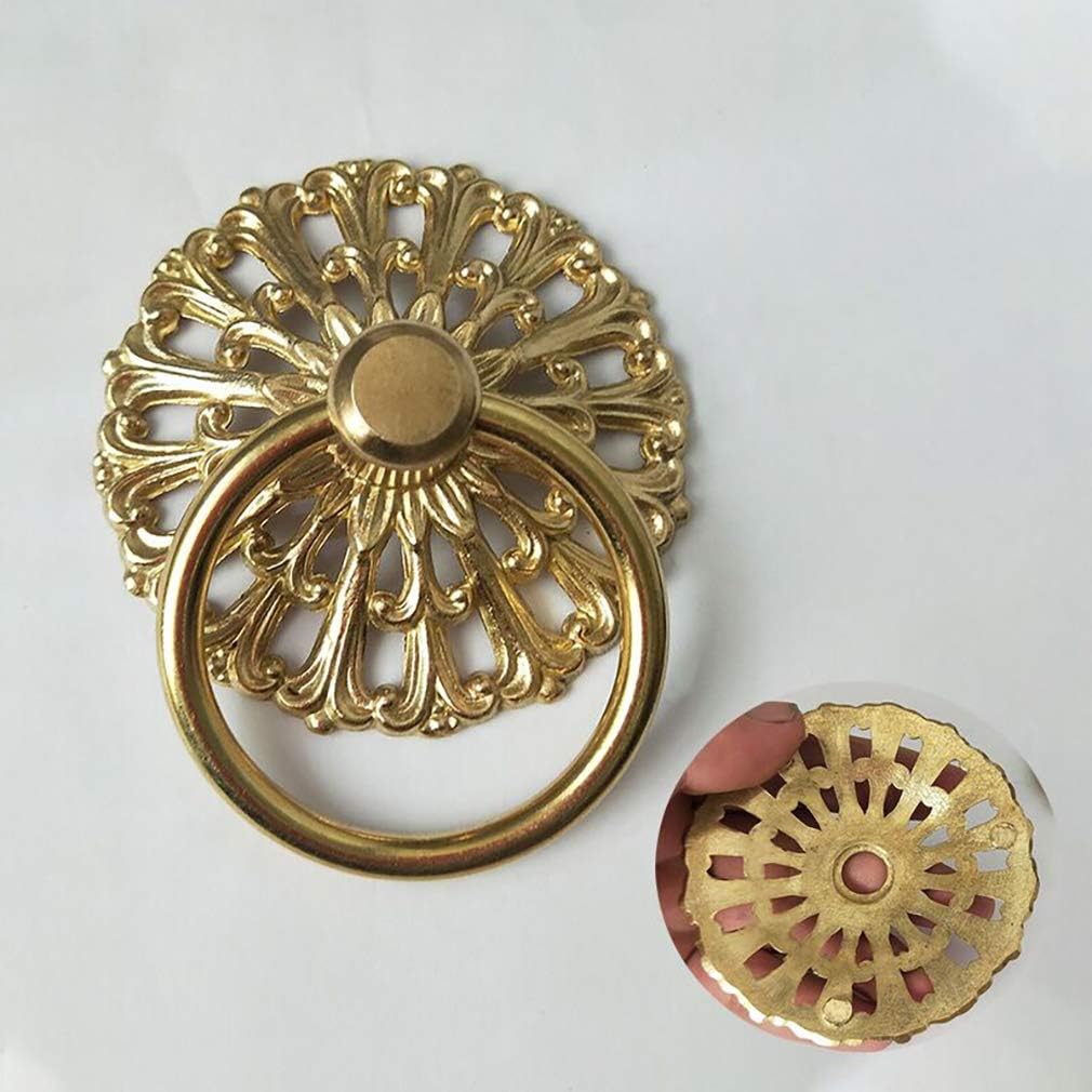 2Pcs Antique Brass Hollow Pattern Pulls Handle Wardrobe Drawer Vintage Furniture Hardware Pure Copper Pull Ring (Gold)
