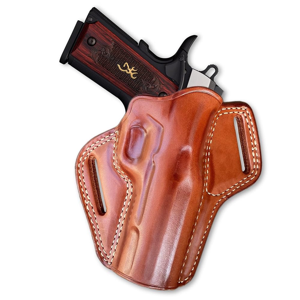 Premium Leather OWB Pancake Holster with Open Top, Fits Browning 1911-380/22LR Non-Railed Black Label Full Size 4.25" Barrel, Right Hand Draw, Brown Color #1347#