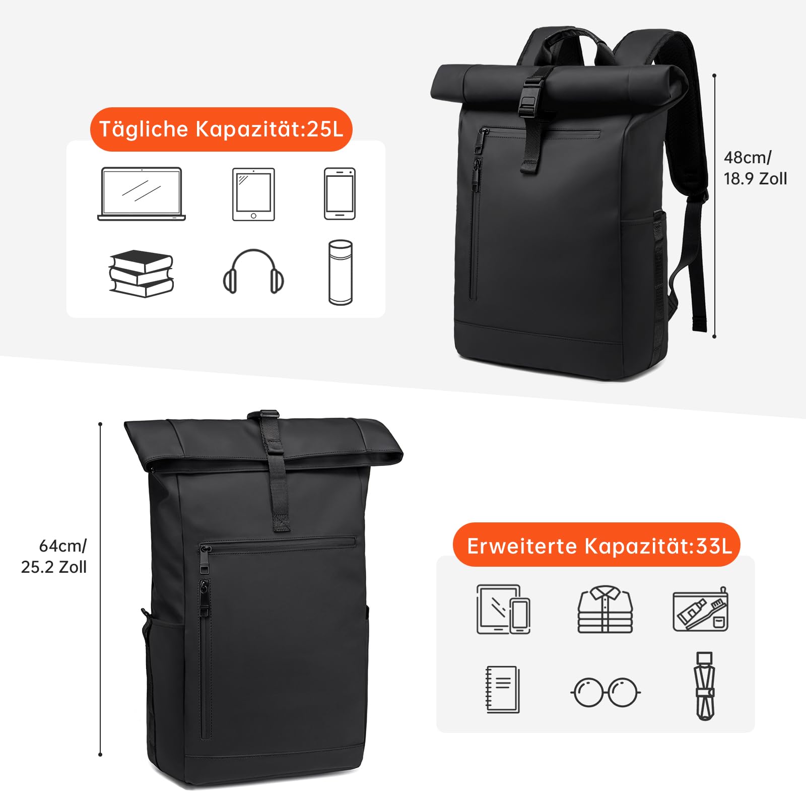 Rolltop Rucksack Herren, Wasserdicht Business Laptop Rucksack 16 Zoll | YKK Reißverschluss, Separates Laptopfach, Handgepäck, Für Damen & Reisen