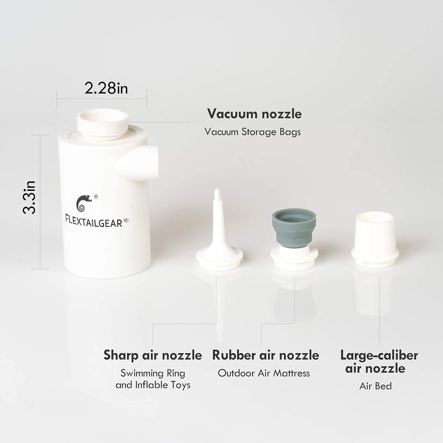 Various nozzles included with the FLEXTAILGEAR MAX Pump 2020, labeled for different uses like swimming rings, air mattresses, and air beds.