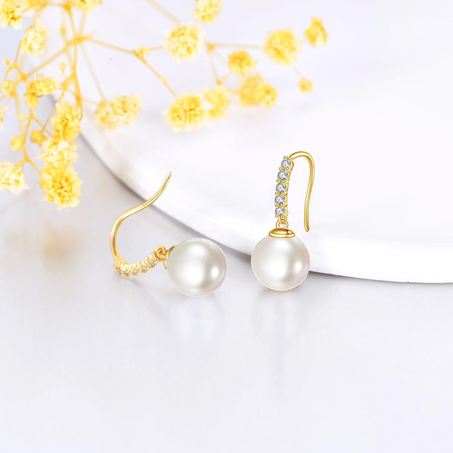 14k Gold 0.2 Cttw Lab Grown Diamond and Freshwater Cultured Pearl Dangle Earrings for Women, Fine 14kt Jewelry Gifts for Her