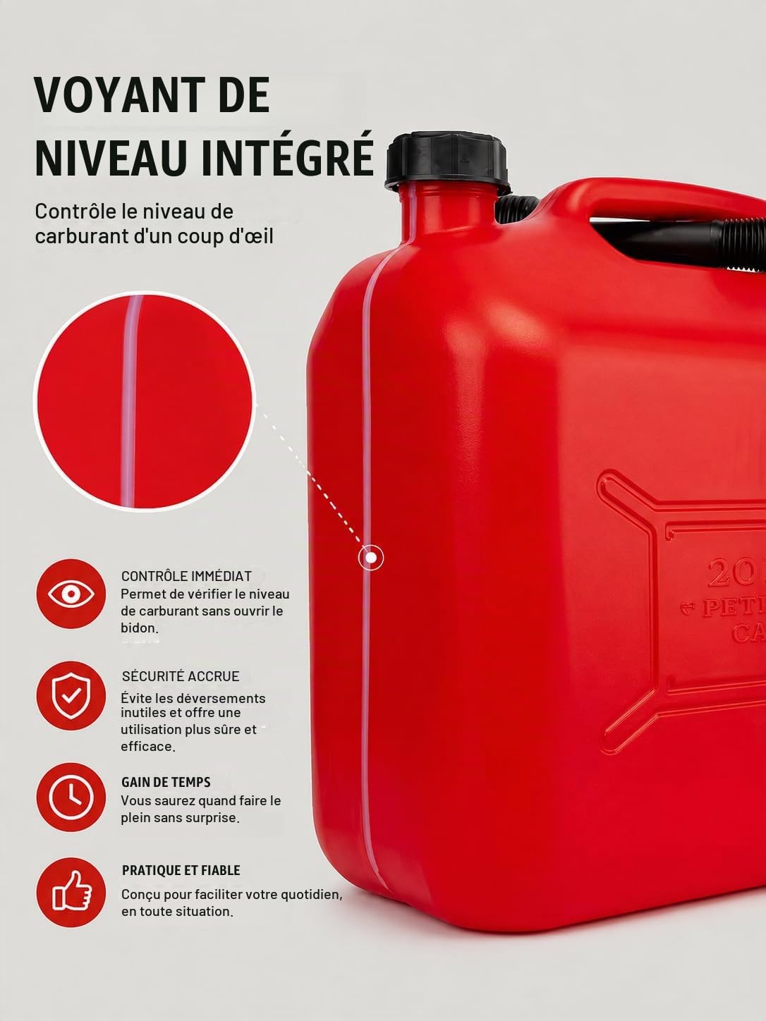 Jerrican Essence 20L Homologué Plastique avec Jauge de Niveau - Bidon Carburant Pack 3 Unités - Pour Essence Gasoil et Diesel, 60L Total