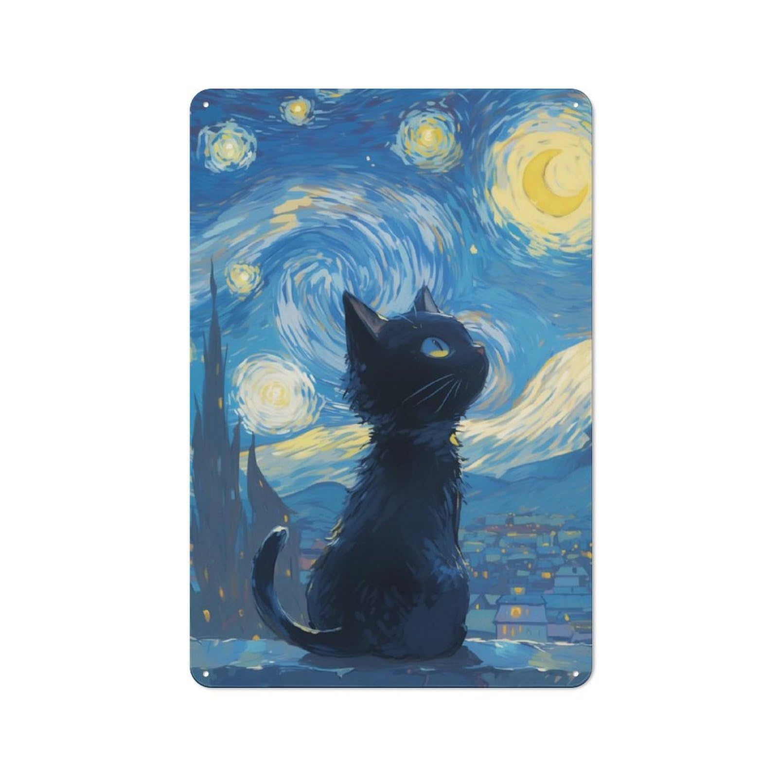 Junmoney Style-4 Decorative Tin Sign With Starry Night Anime Cat Design 30X20cm, Farmhouse Cottage Wall Art For Farmhouse Kitchen, Pantry Or Dining Area