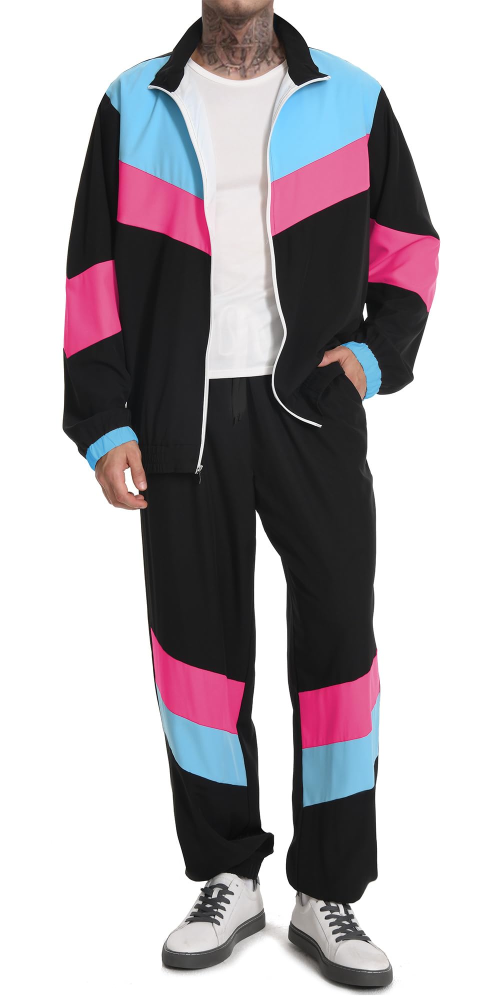 UOUA 80s Outfit Men 90s Tracksuit Costumes Halloween 70s Windbreaker Jacket Track Suit 2 Piece Hip Hop Set