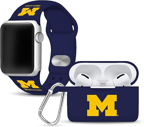 Affinity Bands Michigan Wolverines - Paquete combinado de correa deportiva de silicona y funda compatible con Apple Watch y AirPods Pro