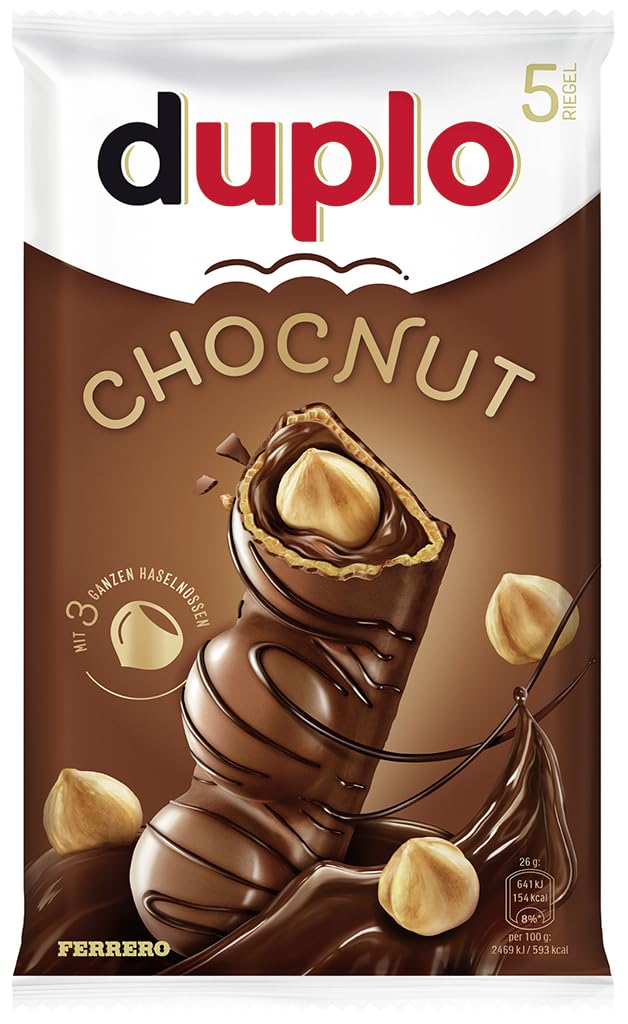 duplo Chocnut – Schokoriegel mit drei ganzen Haselnüssen, knuspriger Waffel & feiner Haselnusscreme – Süßigkeiten für Karneval & Fasching – 1 Packung mit 5 einzeln verpackten Riegeln (5 x 26 g)
