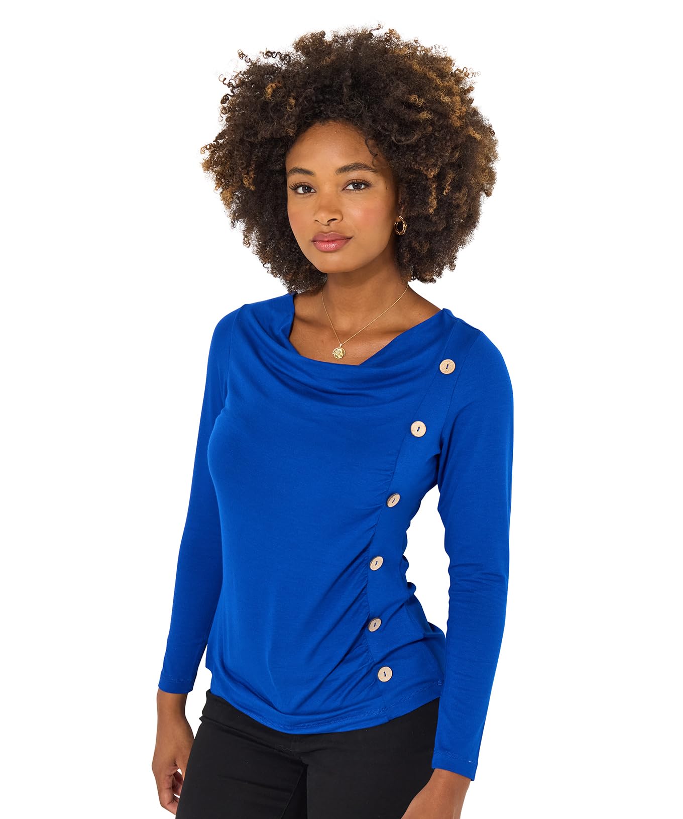 Joe Browns Women's Button Detailed Solid Blue Long Sleeve Top, Regular, Blue, UK 14