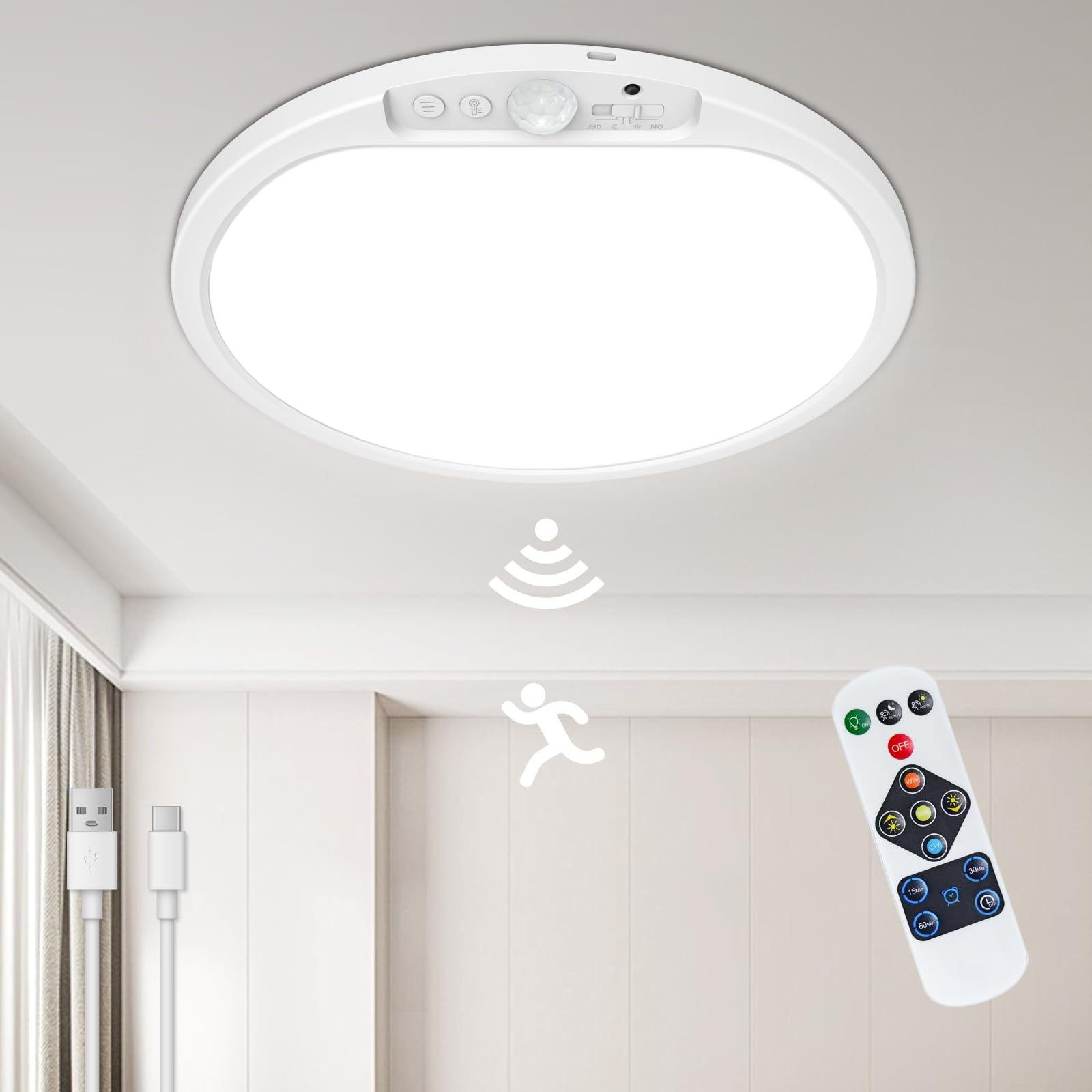 SonPen Akku LED Deckenleuchte mit Bewegungsmelder Innen, 30cm Rund Deckenlampe mit Aufladbare 10000mAh Batterie & Fernbedienung | Kabellos, IP44 Wasserdicht | für Flur, Bad, Küche, Garage, Keller