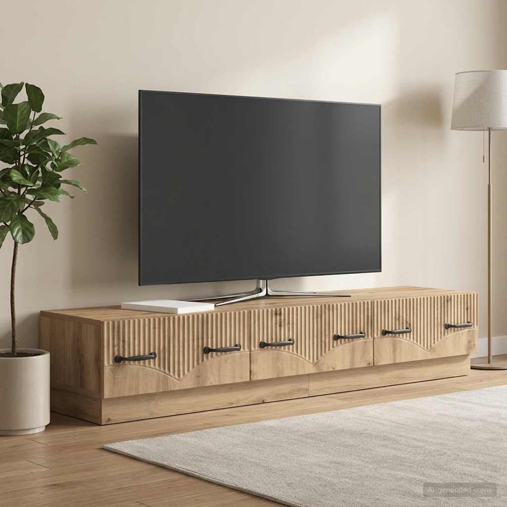 Générique Szafka pod telewizor 147 x 34,5 x 27 cm dąb rzemieślniczy drewno inżynieryjne | Otwarte półki, zintegrowane przejścia kablowe, przechowywanie multimediów, nowoczesny design