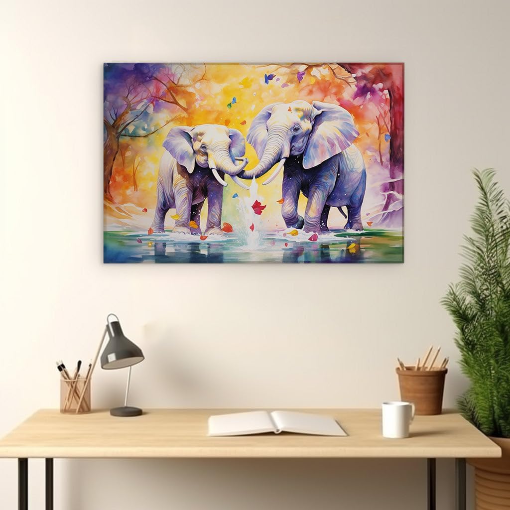 Canvas for Living room. Embracing Trunks Amidst Nature's Palette: Elephants in a Sunset Serenade, 27 x 18 inch Canvas Wall Art - Contemporary Masterpieces - Wildlife Wall Decor - 69x46 cm (27x18 inch)