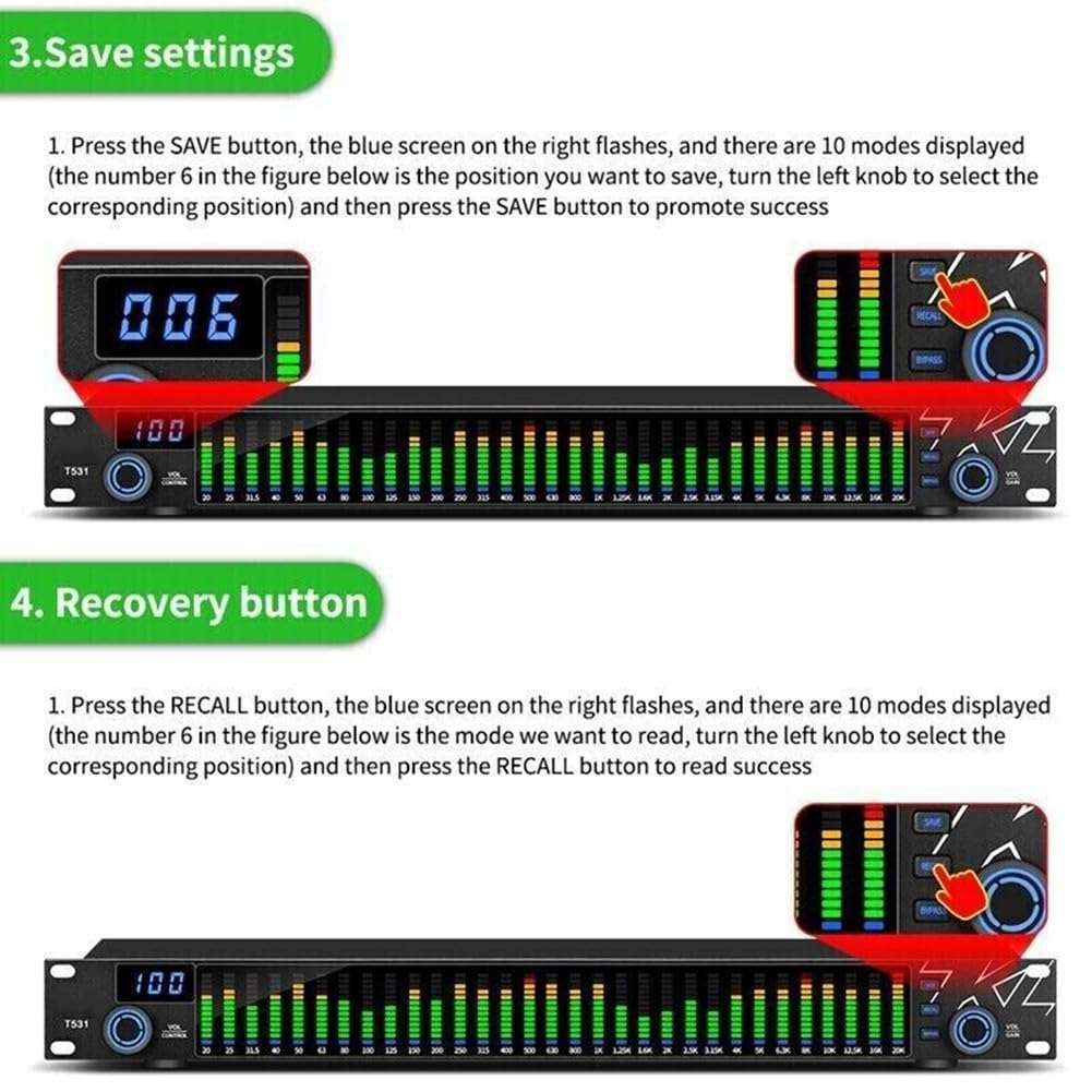 31-Band Stereo Grafik Digital Equalizer mit LED für SPECTRUM-Anzeige, Dual-K für DSP, Rauschunterdrückung, TRS/RCA/XLR Eingänge für Zuhause oder KTV, Schwarz